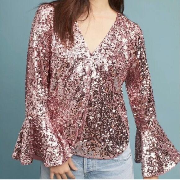 Anthropologie pink sequin bell sleeves blouse size 2 glam date night barbie - Picture 1 of 6